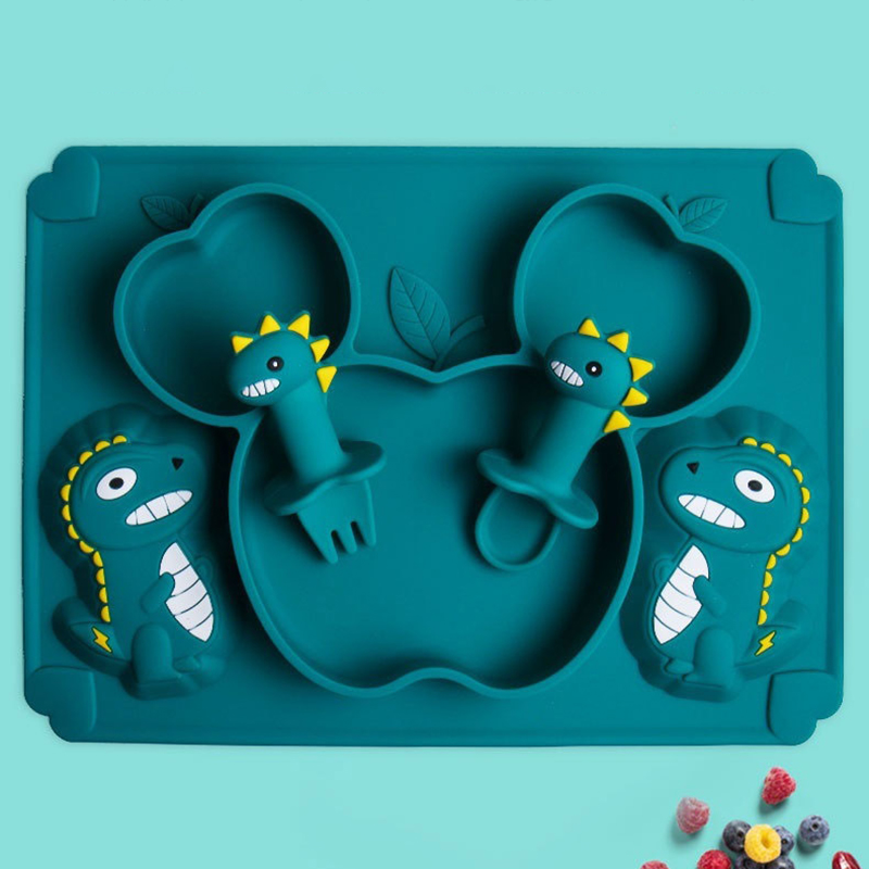Baby Food Utensils Set - Bebek dinozor silikon sofra öğrenme kaşık